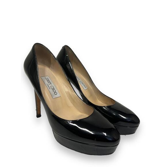 JIMMY CHOO Black Patent Leather Platform ALEX Heels Pumps 38.5 US 8.5 - Picture 3 of 8